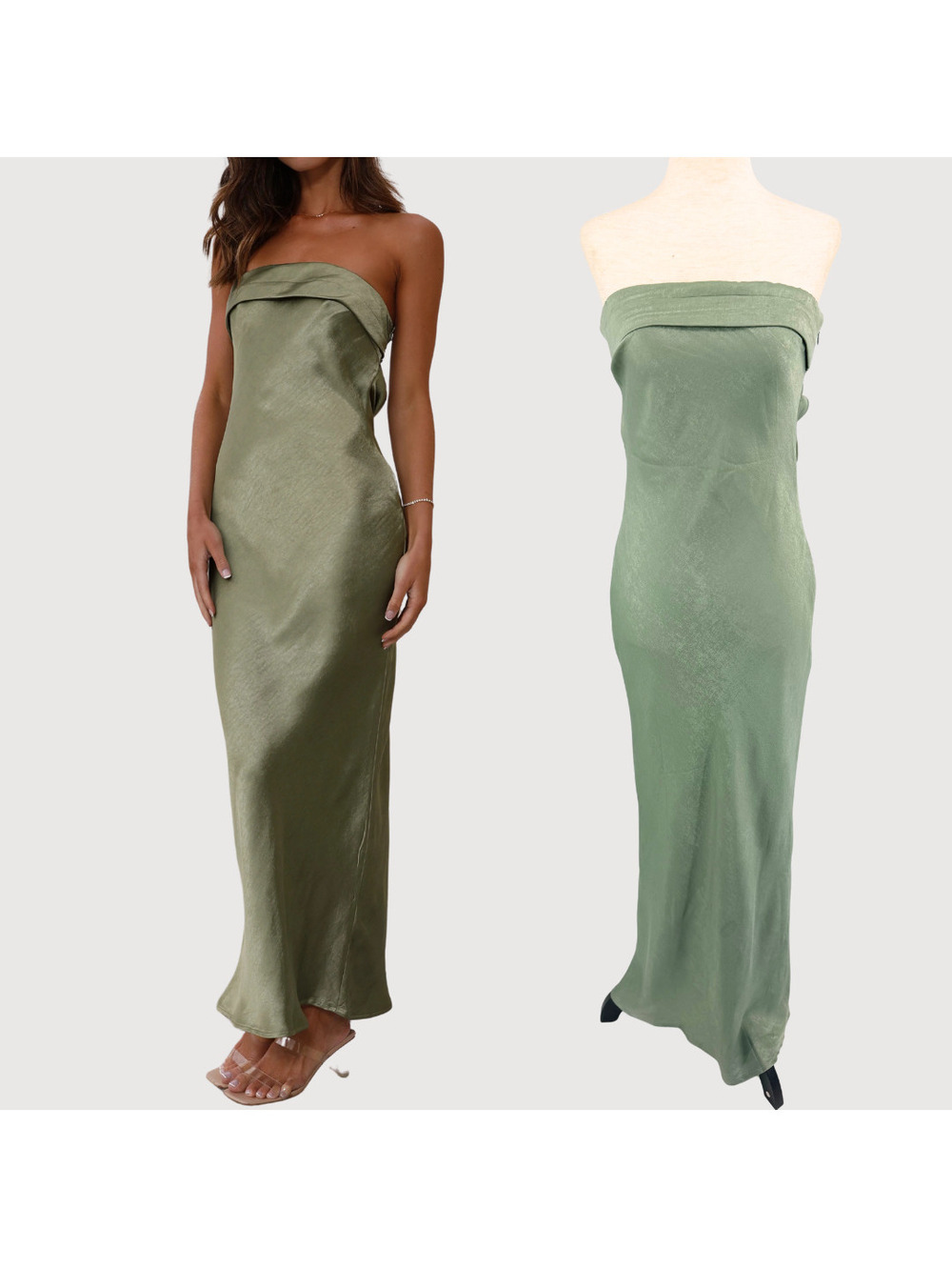 Billy J Maeve Strapless Satin Maxi Dress Sage 10